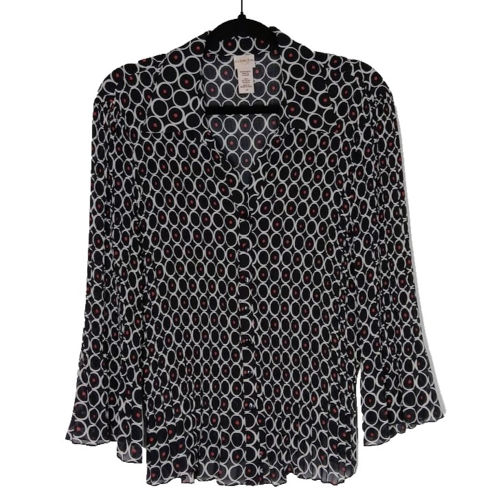 Covington‎ Women's L Plaid Black & White Circle Print Bell-Sleeve Blouse
